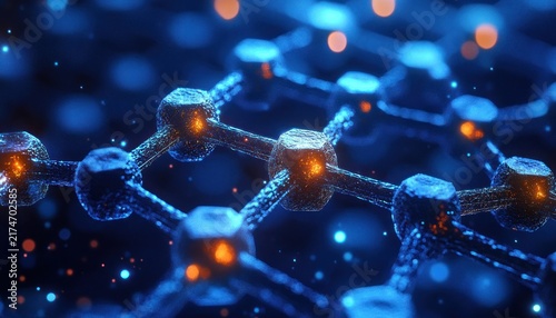 glowing blue hexagonal molecular lattice with orange illuminated nodes and scattered glowing particles, futuristic energetic mood