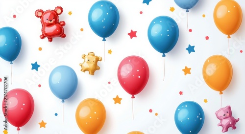 colorful blue red and orange balloons with shiny animal-shaped foil balloons and scattered star confetti on white background, playful joyful party scene