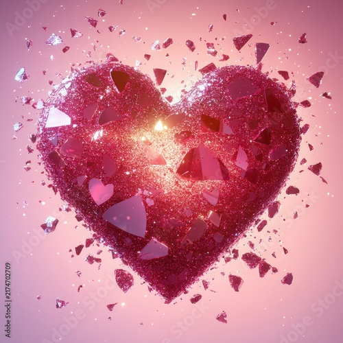 glittering shattered pink heart exploding into glowing shards against soft pink background, evoking heartbreak and fragile beauty
