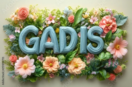 Playful blue balloon-style letters arranged among pastel roses, daisies and lush green leaves in a whimsical floral composition evoking joy and springtime celebration