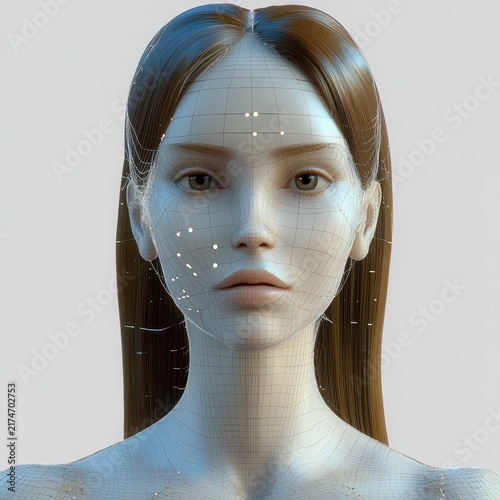 Faceless 3D female bust with long brown hair, visible wireframe mesh and gray censored face, neutral studio lighting conveying mystery and clinical detachment