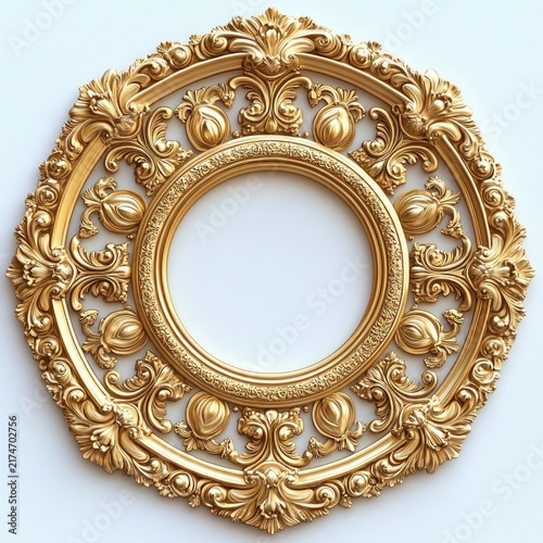 ornate circular gold medallion with floral scrollwork and empty center, opulent elegant decorative ceiling or frame element
