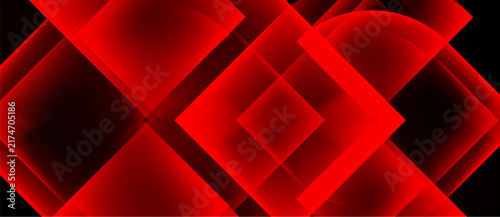 Red geometric shapes overlap, creating abstract design. Brightness varies, suggesting depth, against black background.