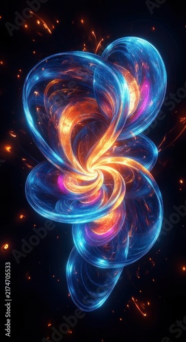 glowing blue and orange swirling glass-like ribbons and loops with fiery sparks on a dark background, dynamic and mesmerizing energy bloom