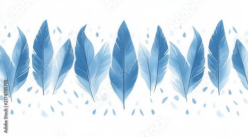 row of blue watercolor feathers floating gently on a white background, calm and delicate mood