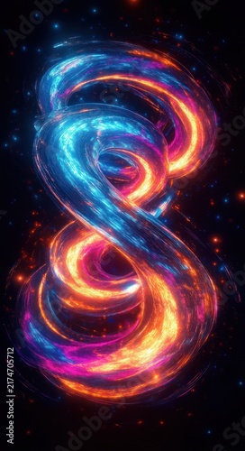 intertwined neon blue and orange glowing ribbons forming a figure-eight with sparkling cosmic particles, dynamic and mesmerizing energy