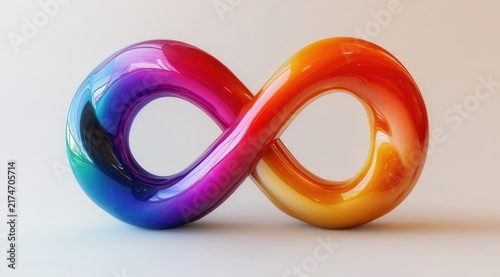 glossy multicolored 3d infinity loop with smooth reflective surface and soft shadow on a neutral background, conveying vibrant optimistic energy