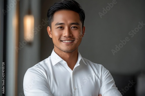 confident man with blurred face wearing white button-up shirt and arms crossed, standing in a modern indoor space with soft lighting and a wall lamp, composed posture