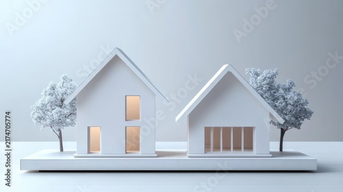 Minimal white architectural model of two modern gabled houses on a low platform with two stylized trees and warm glowing windows, calm serene minimalist scene