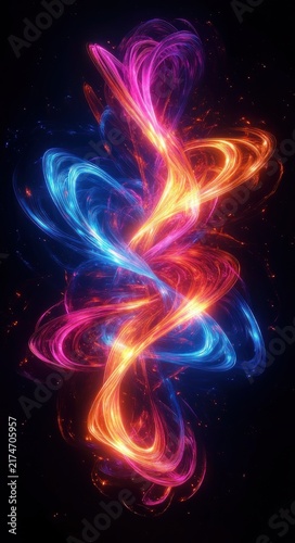 vibrant swirling neon ribbons of pink, orange and blue light with glowing sparks and dynamic energy on a dark background, evoking motion, intensity and electric wonder