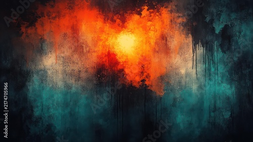 fiery orange and teal abstract textured painting with glowing center, dripping streaks and moody dramatic energy