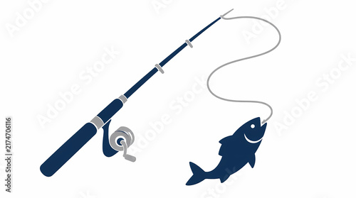 Fishing rod with reel and fish on line in outdoor setting, stylized dark blue silhouette illustration against white background