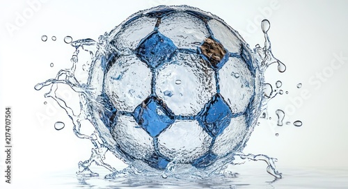 transparent water soccer ball with blue panels bursting into energetic splash and droplets on a clean white background