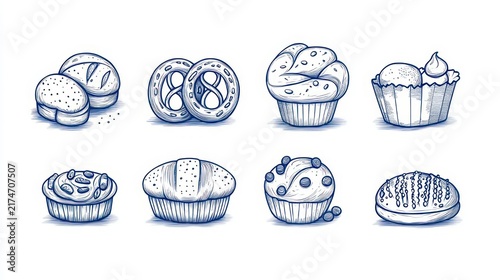 Playful hand-drawn blue ink assortment of eight baked goods: two round buns, two pretzels, swirl-topped muffin, frosted cupcake, nut-topped tart, scored bread roll, blueberry muffin and glazed donut