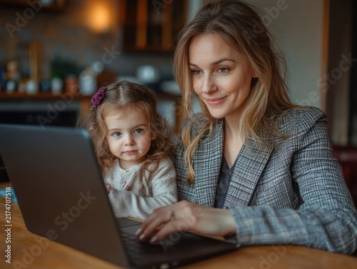 woman in checked blazer and young girl with hair clip sitting at wooden table using a laptop together, focused and calm in a warm cozy kitchen setting