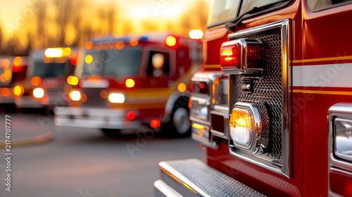 Fire trucks at dusk with flashing lights and red reflections