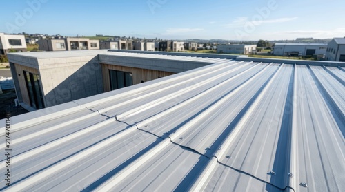 Modern Metal Roofing System on Residential Buildings Under Blue Sky.