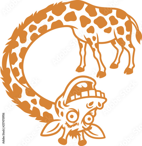 Cartoon giraffe with a long neck curved into a circle