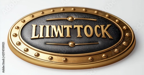 ornate oval gold and black metal plaque with riveted border and embossed stylized lettering on white background, polished and luxurious, evoking elegance and prestige