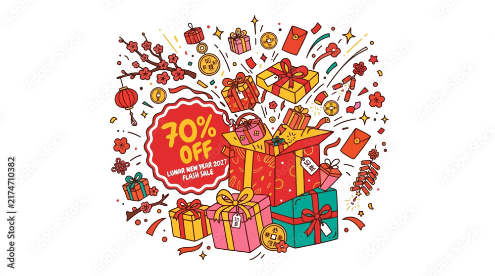 Obraz premium Lunar New Year 2027 Sale Banner with Gift Boxes and Discount Offer
