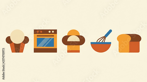 Bakery equipment set features brown oven and mixing bowl with whisk plus bread loaf icon for culinary art projects or professional kitchen branding web.