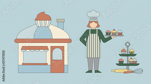 Illustrated bakery building with baker holding cupcakes and tiered stand of desserts on light blue background.