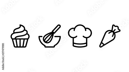 Monochromatic line art icon set featuring a cupcake, whisk and bowl, chef hat, and piping bag for baking and pastry design.