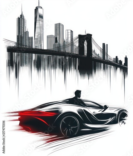 Sleek sports car with lone driver racing past a suspension bridge and mirrored skyscraper skyline, red taillight streaks and bold motion lines conveying speed and exhilaration