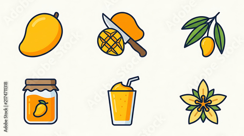 Collection of vibrant mango food and drink icons featuring fresh fruit slices juice jar and tropical flowers for commercial menu design templates.