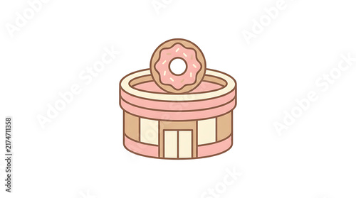 Donut shop icon featuring pastel pink and beige color scheme with round building and large glazed donut sign for modern food and beverage branding.