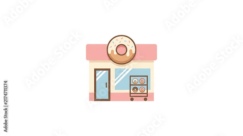 Donut shop building illustration with pink roof glazed donut signage glass door and display rack showing fresh pastries for commercial retail concept.