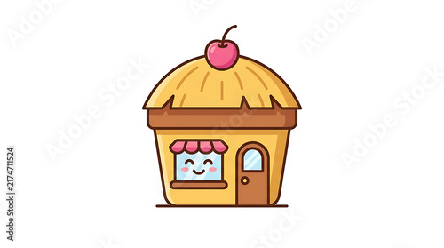 Cute cartoon cupcake shop building with a smiling face and cherry on top creating a cheerful and inviting bakery atmosphere.