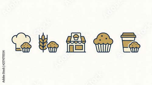 Muffin shop bakery icons featuring chef hat wheat stalks storefront and coffee cup presented in a warm color palette for business.