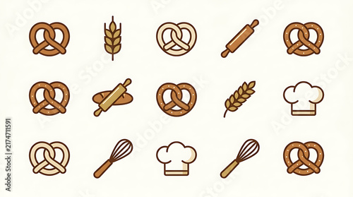 Minimalist bakery tool and pretzel icon collection in earthen colors suitable for packaging design instructional materials and boutique bakery logos.