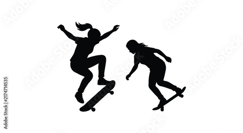 Принти на полотні Skateboarder silhouettes depict dynamic movement against a white background skat