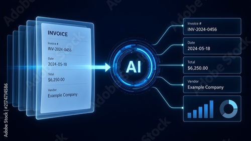 Fototapeta Artificial intelligence system extracting financial data from digital invoice for automated accounting and processing