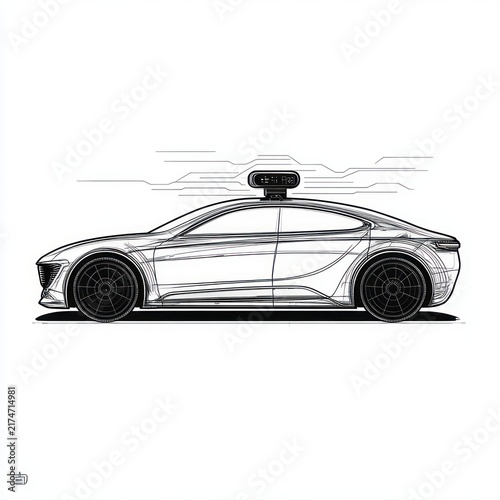 Sleek futuristic autonomous sedan side profile with rooftop sensor module in technical line-art sketch conveying speed, precision and confident modern mobility