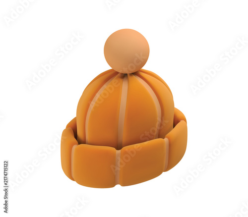 3D Winter Hat Icon, Orange Beanie with Pom Pom Vector illustration
