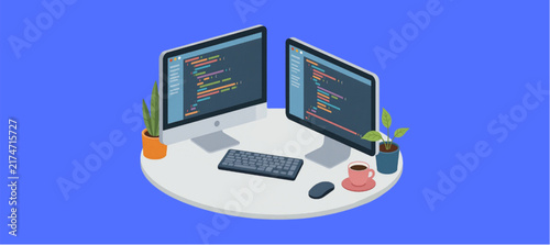 Plakat w ramie Isometric software development workstation with dual monitors and coding interface.