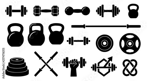 Konstfotografi Minimal weight equipment silhouettes with dumbbells kettlebells barbells gym fit