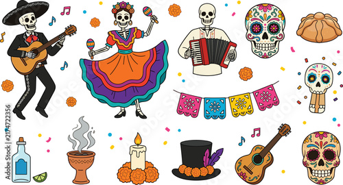 Day of the Dead Mexican Dia de los Muertos Vector Set with Sugar Skulls Catrina Skeleton Musicians Marigolds and Traditional Celebration Icons