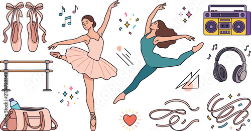 Ballet and Contemporary Dance Vector Set with Ballerina Characters Pointe Shoes Barre Boombox Headphones Ribbon and Studio Equipment Icons