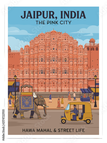 Jaipur India Travel Poster Illustration With Hawa Mahal and Elephant