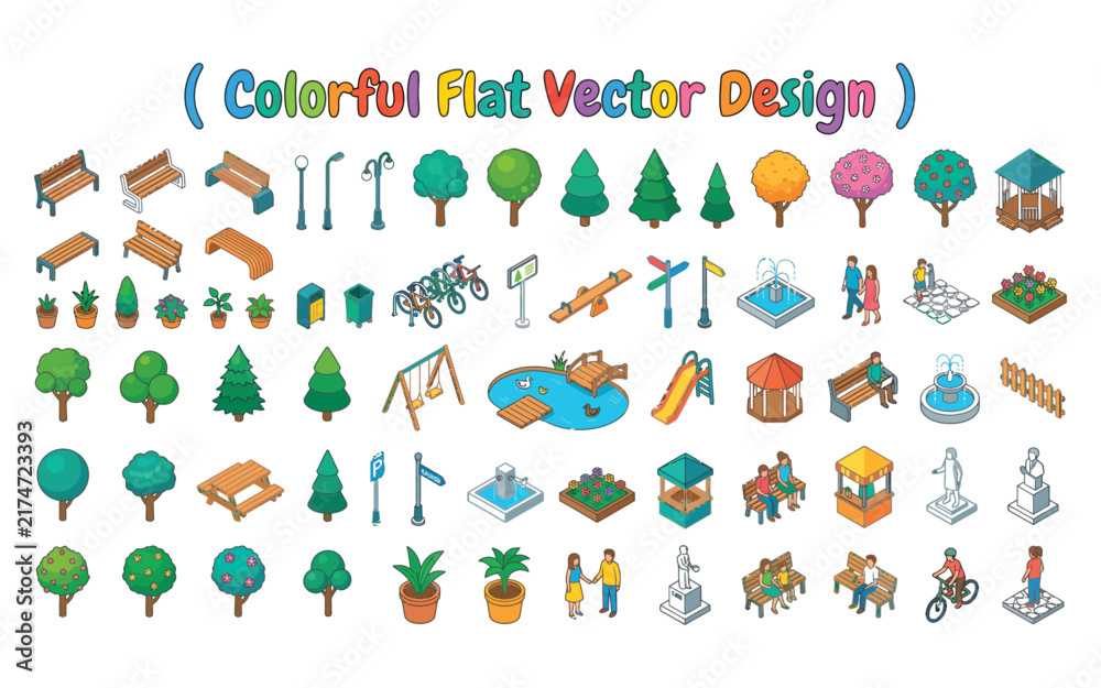 Fototapeta premium Isometric park elements collection a colorful flat vector design