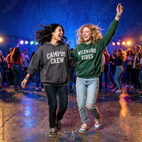 Two happy young women dancing at a lively party with friends in the background.