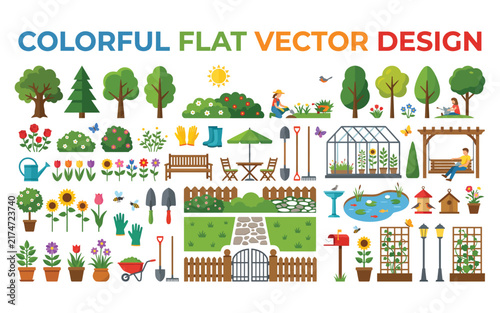 Colorful flat vector design featuring garden elements and landscaping features