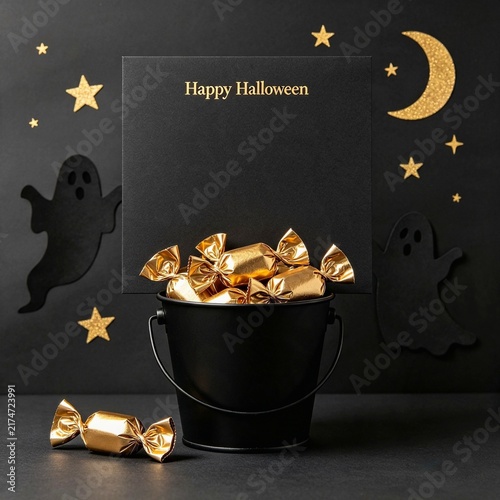 Spooky Halloween Card with Ghosts, Candy and Crescent Moon
