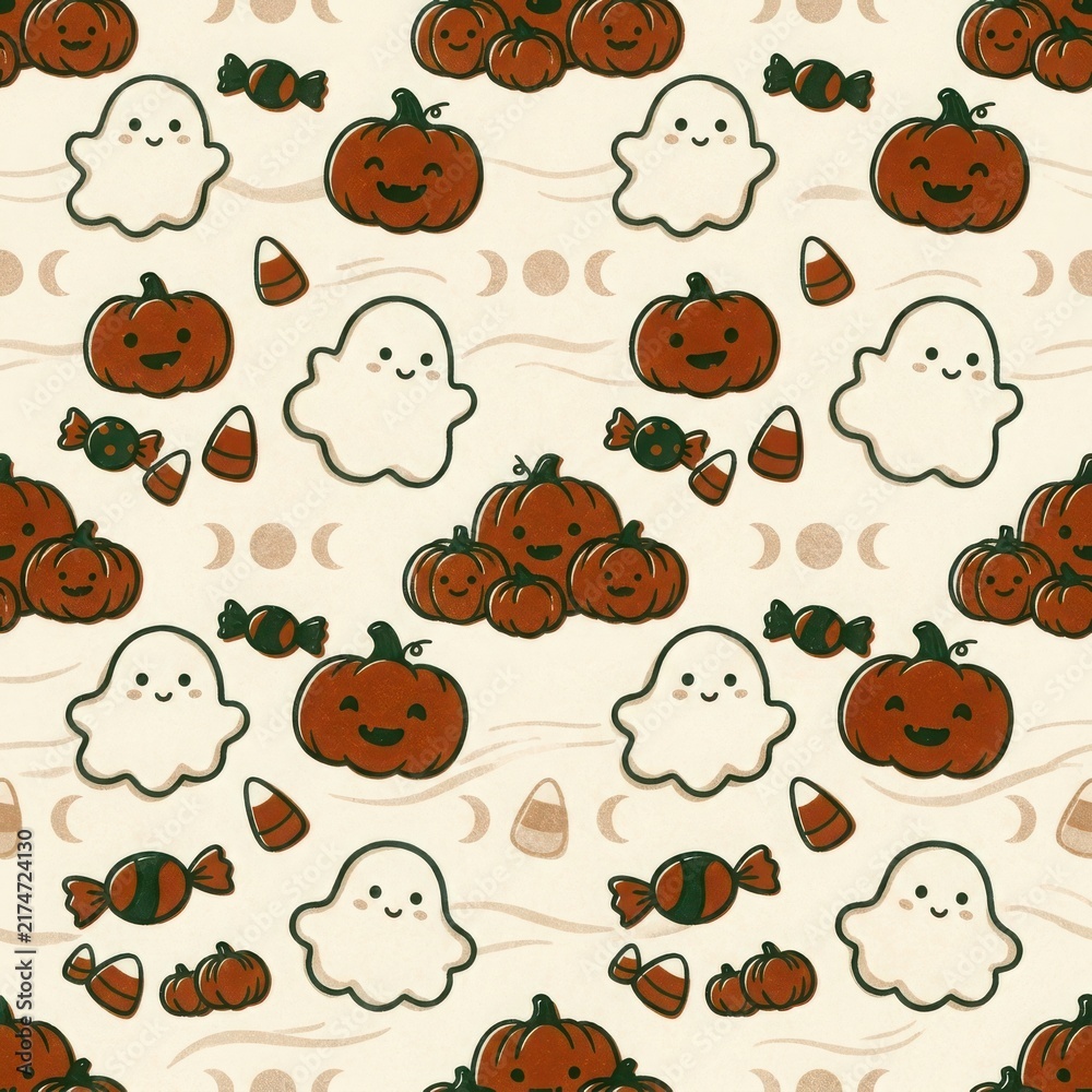 Obraz premium Cozy Halloween pattern featuring smiling pumpkins, cute ghosts, and assorted candies on a light beige background with moon phase motifs.