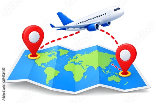 Airplane Travel Route with Location Pins on World Map – Global Flight Navigation and Tourism Concept. 