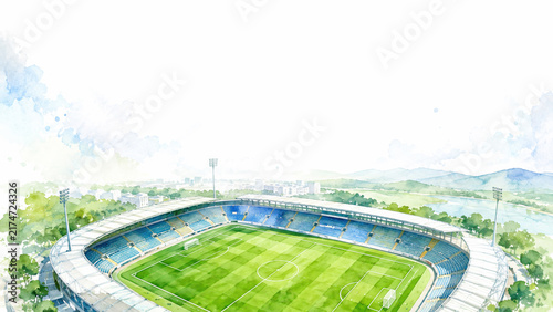 Watercolor Aerial View of Soccer Stadium with Green Field and White Copy Space